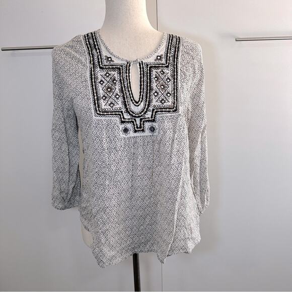 Lucky Brand Size S Cream Black Lilah Mirror Embroidered Top Gypsy Indie Boho - Picture 3 of 10
